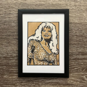 A portrait of Dolly parton is done in black and white ink plus white gosh. She is holding a microphone and wearing a glittery sequin dress.